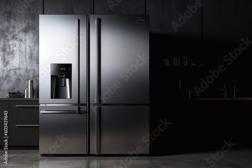 A clean and streamlined photograph of a smart refrigerator with minimalist aesthetics and advanced features Generative AI