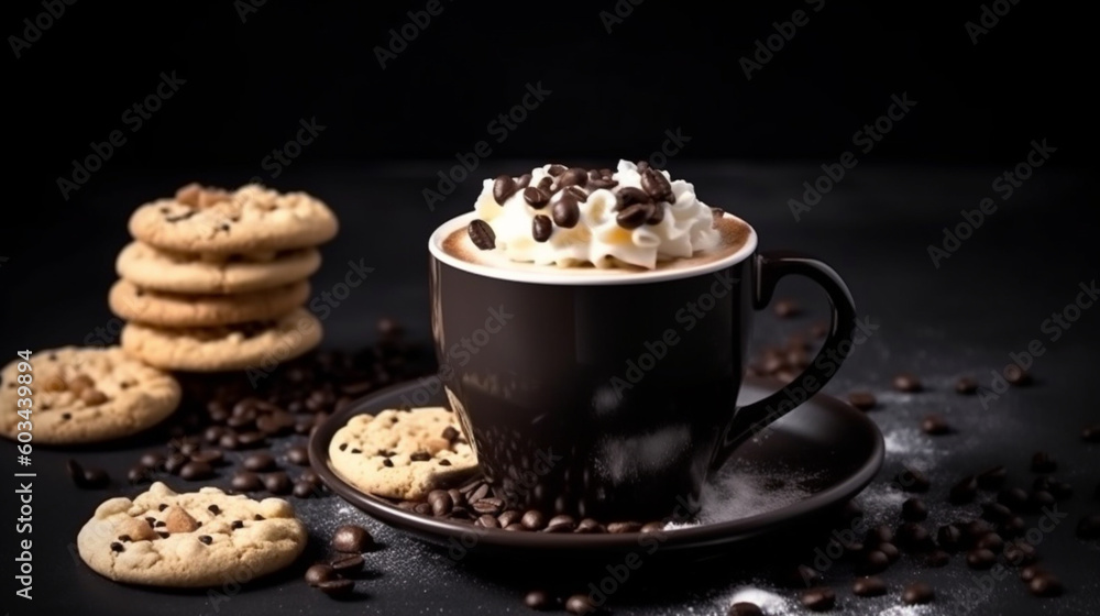 Delicious hot coffees with milk cream, cream, cinnamon, cookies and sweets. Coffee in cups and stylish place. Variety of coffees. Coffee and culinary art. Image generated by AI. Delicious hot coffees with milk cream, cream, cinnamon, cookies and sweets. Coffee in cups and stylish place. Variety of coffees. Coffee and culinary art. Image generated by AI.