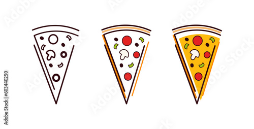 Pizza Set. Sketch, stroke, line, outline and colored. Vector badges fast food sketch for brochures, banner, restaurant menu and cafe.