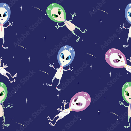 Seamless pattern smiling aliens fly in space in different colors in a cartoon children s multicolored fun style. wallpaper  social media. vector illustration on the space background .