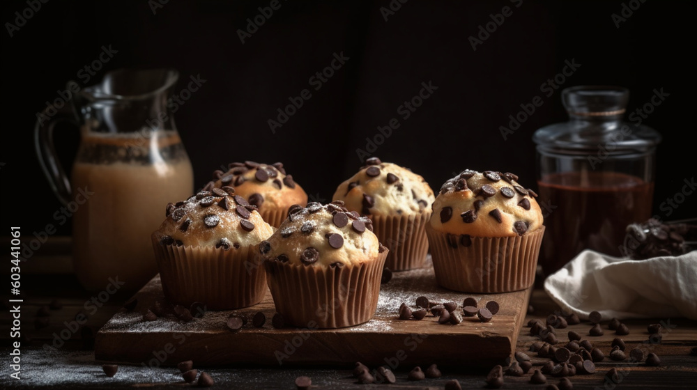 Vanilla muffins with chocolate chips. Image generated by AI. Vanilla muffins with chocolate chips. Image generated by AI.