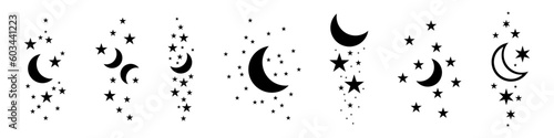 Set of magic moon and stars icons. Graphic elements for astrology. Boho witch and magic symbol. Black moon illustration isolated on white background. Vector EPS 10