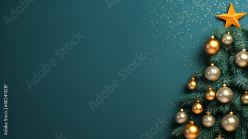 Creative christmas and new year background. Imitation of a decorated christmas tree lying on deep blue or turquoise background, copy space. Happy new Year, Merry Christmas celeblation. Generative AI