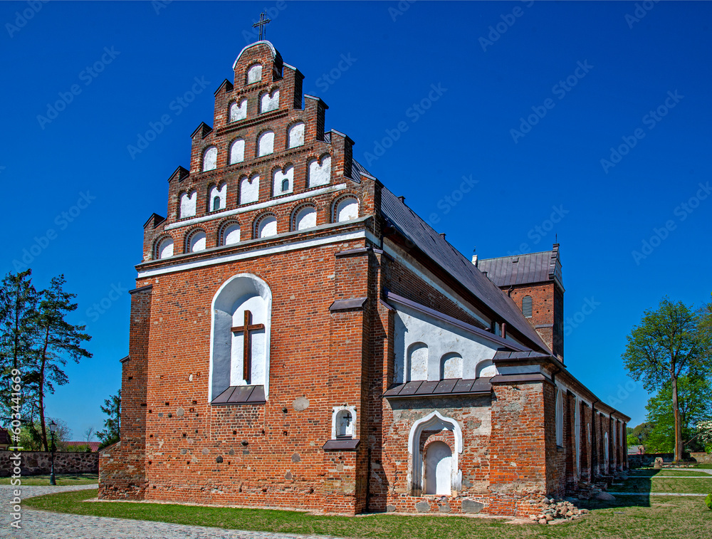 General view and architectural details of the chapel and the catholic church consecrated in 1547 of St. Adalbert the Bishop and Martyr in Szczepankowo, Podlasie, Poland.