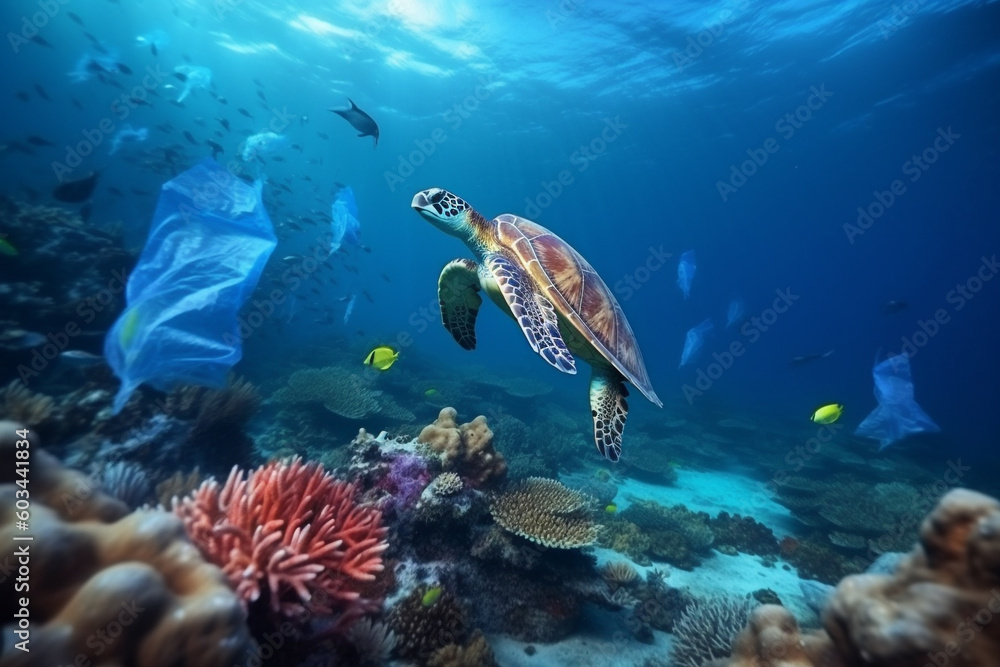 Ocean and sea pollution with plastic concept. Sea turtles swimming in polluted with plastic bags ocean. Polluted colorful coral reefs. Exotic small fishes in background. Generative AI