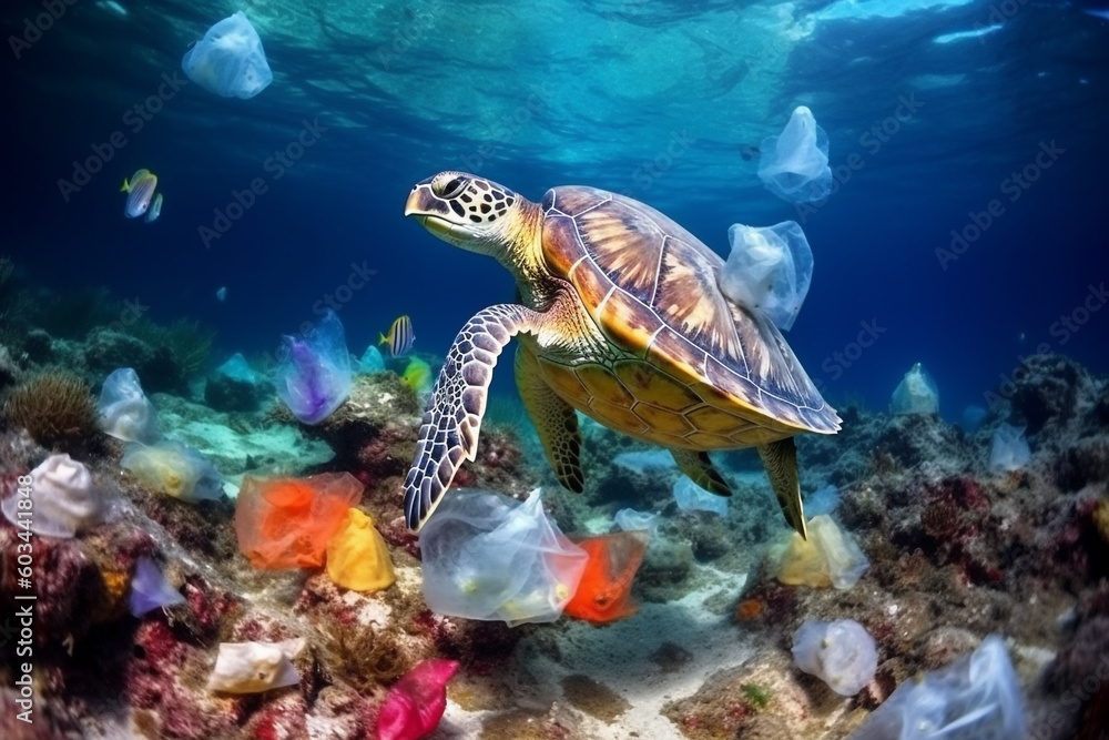 Fototapeta premium Ocean and sea pollution with plastic concept. Sea turtles swimming in polluted with plastic bags ocean. Polluted colorful coral reefs. Exotic small fishes in background. Generative AI