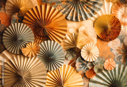 a pattern in pastel color and orange paper fans