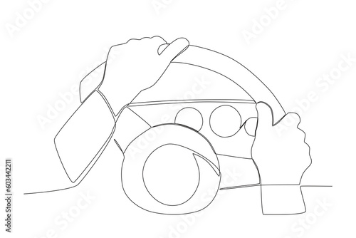 Hands enjoy driving a car. Dia do motorista one-line drawing