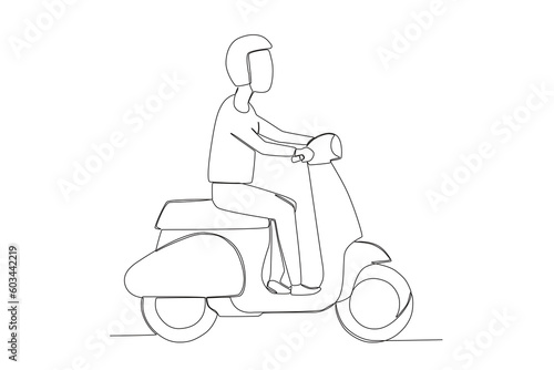 A man rides a motorcycle casually. Dia do motorista one-line drawing