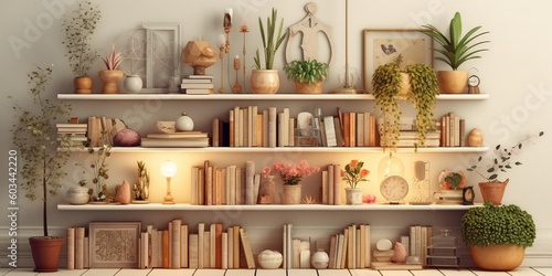 Book shelf, books arrange by color, generative ai, library, home decor. 