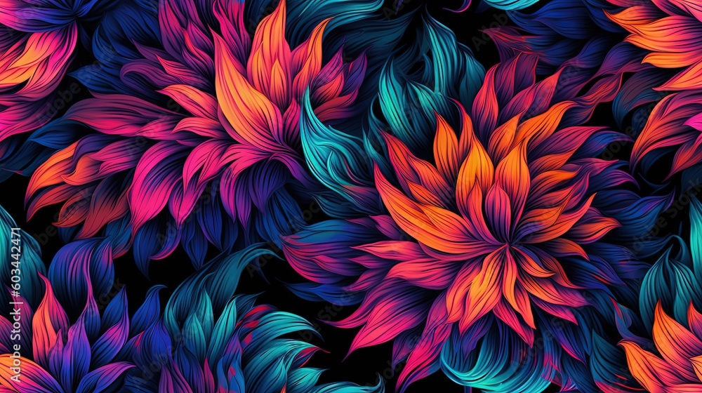 a bunch of flowers that are on a black background with a red, blue, green, and pink flower on it's petals. generative ai a bunch of flowers that are on a black background with a red, blue, green, and pink flower on it's petals. generative ai