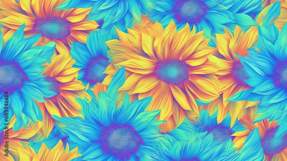 a bunch of sunflowers with a blue center and yellow center on a green background with a blue center and yellow center on the center. generative ai a bunch of sunflowers with a blue center and yellow center on a green background with a blue center and yellow center on the center. generative ai