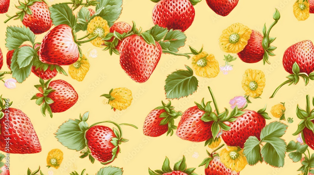 a pattern of strawberries and flowers on a yellow background with green leaves and yellow flowers on a yellow background with green leaves and yellow flowers. generative ai a pattern of strawberries and flowers on a yellow background with green leaves and yellow flowers on a yellow background with green leaves and yellow flowers. generative ai