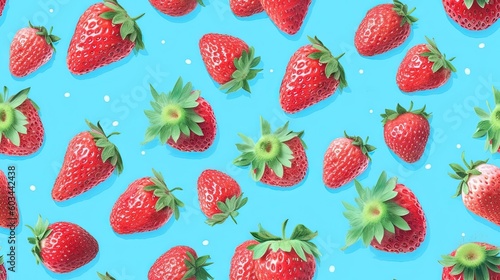  a group of strawberries on a blue background with white polka dotes and a green stem on the top of the strawberries, and the bottom of the strawberries.  generative ai