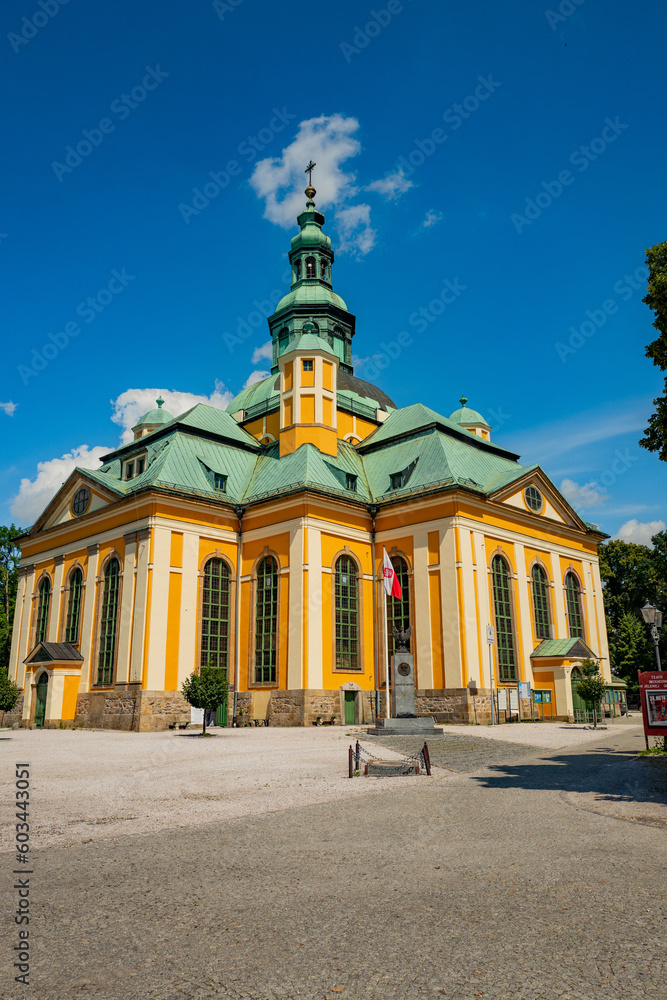  2022-08-02 view of baroque church temple in the heart of Karkonosze mountains in Jelenia Gora. Poland