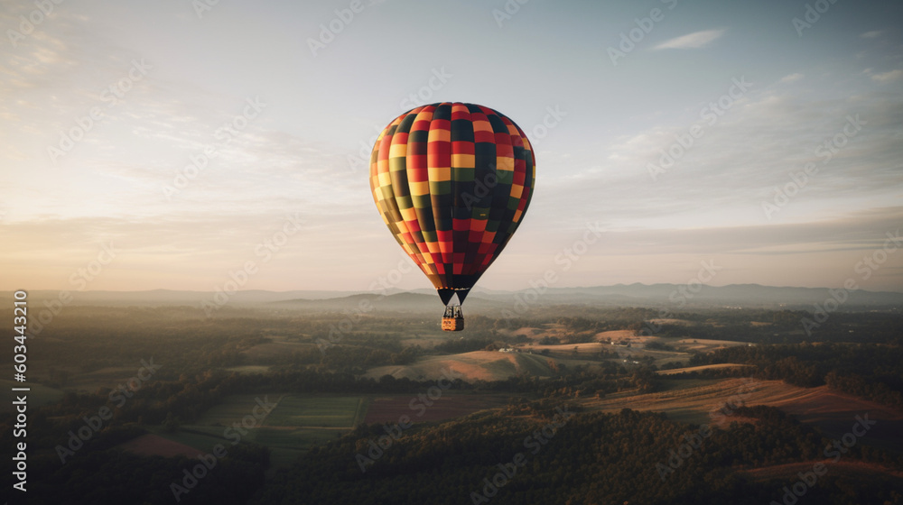 Hot air balloons in the sky at sunset, sun, clouds, trees, nature… Colored hot air balloons. Image generated by AI.