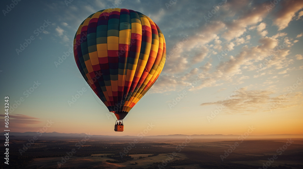 Obraz premium Hot air balloons in the sky at sunset, sun, clouds, trees, nature… Colored hot air balloons. Image generated by AI.