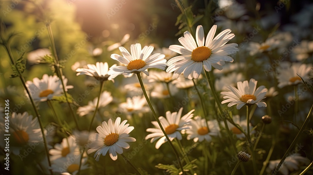 a field of white daisies with the sun shining through the trees in the background and the sun shining through the trees in the background. generative ai a field of white daisies with the sun shining through the trees in the background and the sun shining through the trees in the background. generative ai