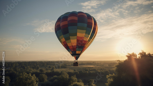 Hot air balloons in the sky at sunset, sun, clouds, trees, nature… Colored hot air balloons. Image generated by AI.