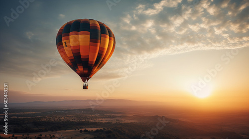 Hot air balloons in the sky at sunset, sun, clouds, trees, nature… Colored hot air balloons. Image generated by AI. © Moon Project