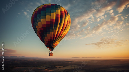 Hot air balloons in the sky at sunset, sun, clouds, trees, nature… Colored hot air balloons. Image generated by AI. © Moon Project