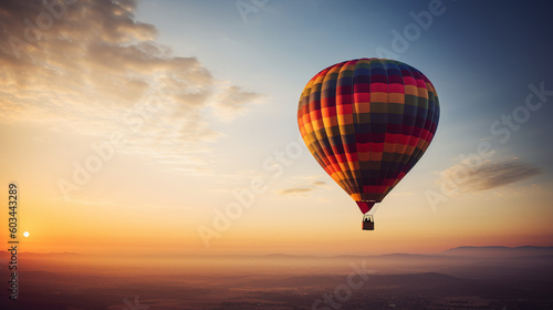 Hot air balloons in the sky at sunset, sun, clouds, trees, nature… Colored hot air balloons. Image generated by AI.