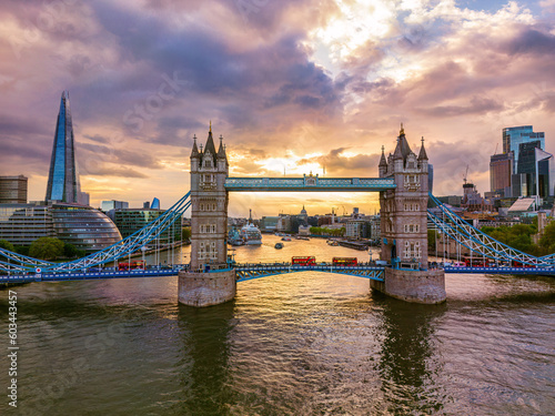 Aerial view to the Tower Bridge and skyline of London, UK