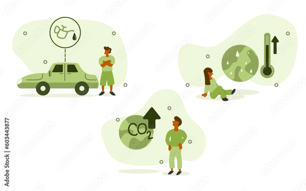 Fototapeta premium gas powered car transportation illustration set. Characters standing near private fuel powered car, greenhouse gases increase, global temperature rise. natural destructive energy transport concept.