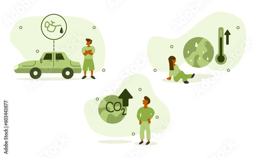 gas powered car transportation illustration set. Characters standing near private fuel powered car, greenhouse gases increase, global temperature rise. natural destructive energy transport concept.