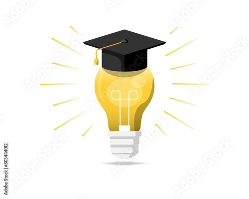 Ideas education concept, Degree hat over light bulb on isolated background, Digital marketing illustration.