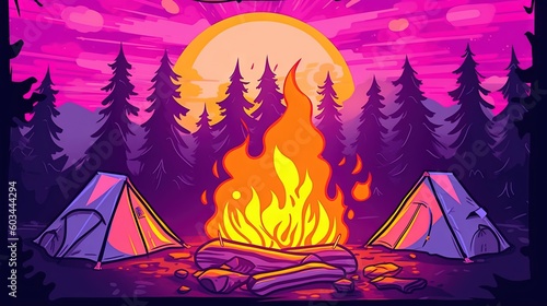  a campfire with two tents in front of a forest at night with a full moon in the sky and a pink sky with clouds. generative ai