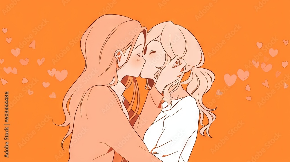 a couple of women standing next to each other on a orange background with hearts in the air behind them and a man kissing the woman. generative ai a couple of women standing next to each other on a orange background with hearts in the air behind them and a man kissing the woman. generative ai