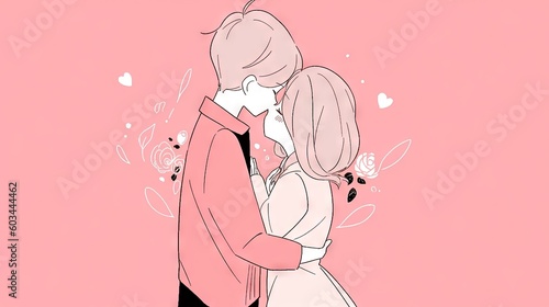  a man and a woman are kissing in front of a pink background with hearts and butterflies on it, and the woman is wearing a white dress and the man is wearing a red jacket. generative ai
