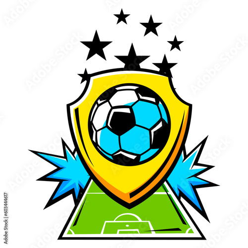 Emblem with soccer symbols. Football club label. Sport illustration in cartoon style.