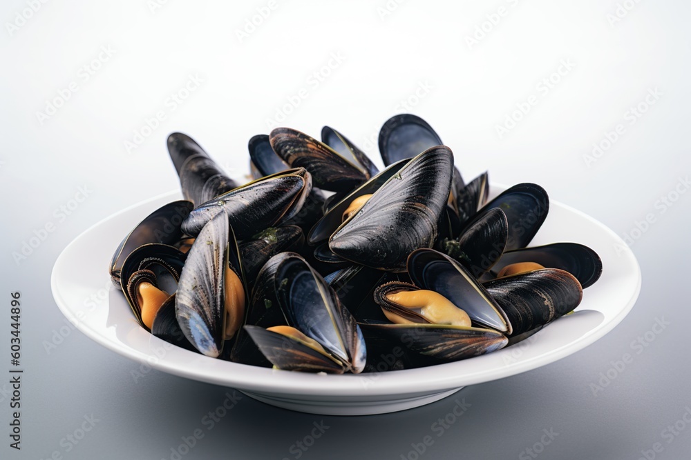 boiled mussels on a white plate in a restaurant. sea delicacies. generative ai boiled mussels on a white plate in a restaurant. sea delicacies. generative ai