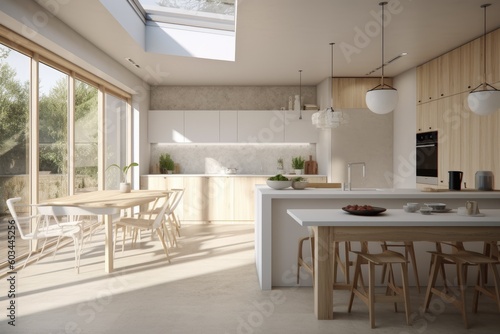 Bright cozy contemporary interior kitchen dining room with sunlight and bleached wood accent walls Made with Generative AI
