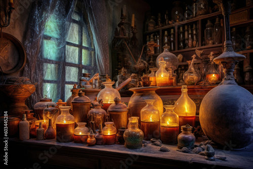 Mysterious ancient laboratory interior with collection of magic, unusual and exotic oil lamps, ai tools generated image © whitehoune