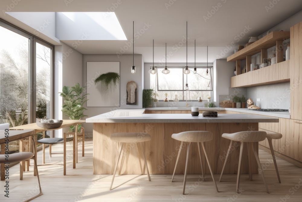 Modern Minimal Sustainable Kitchen Interior with Counter Stools and Pendant Lights Made with Generative AI