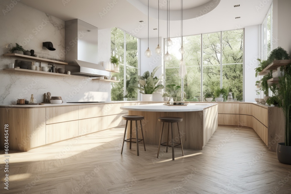 Luxurious bright organic kitchen with large ceilings and windows made with Generative Ai