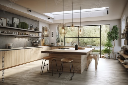 Luxury Kitchen Interior with Wood Panel Accent in Spring Made with Generative AI © Christian