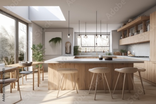 Modern Minimal Sustainable Kitchen Interior with Counter Stools and Pendant Lights Made with Generative AI © Christian