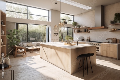 Sunny Organic Modern Farmhouse Kitchen with Large Modern Windows in Spring Made with Generative AI