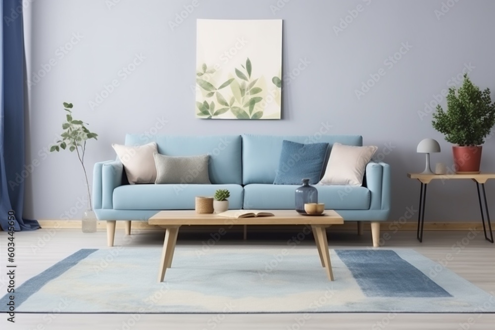 Fototapeta premium interior background living room space lamp carpet living decoration blue simple mock up floor sofa. Generative AI.
