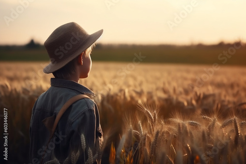 Young boy wearing a plaid shirt in a field. Generative AI