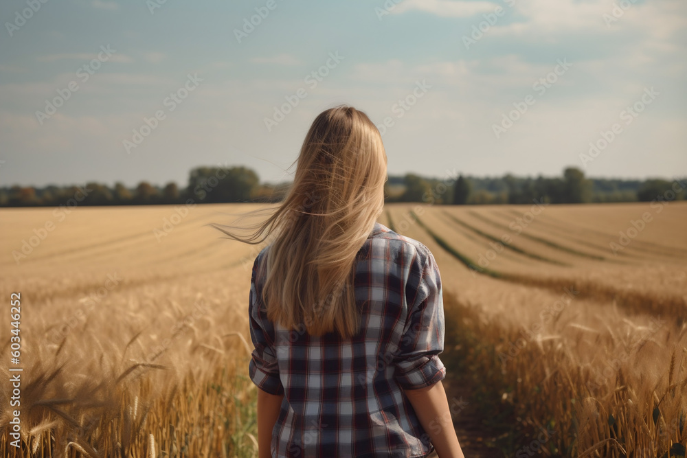 Young female farmer wearing a plaid shirt in a beauty wheat field. Generative AI