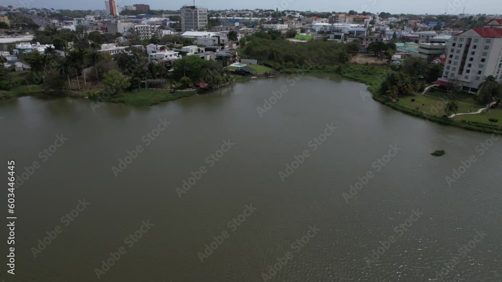 Aerial Drone Shot a panoramic view of buildings near a lake Aerial Drone Shot a panoramic view of buildings near a lake