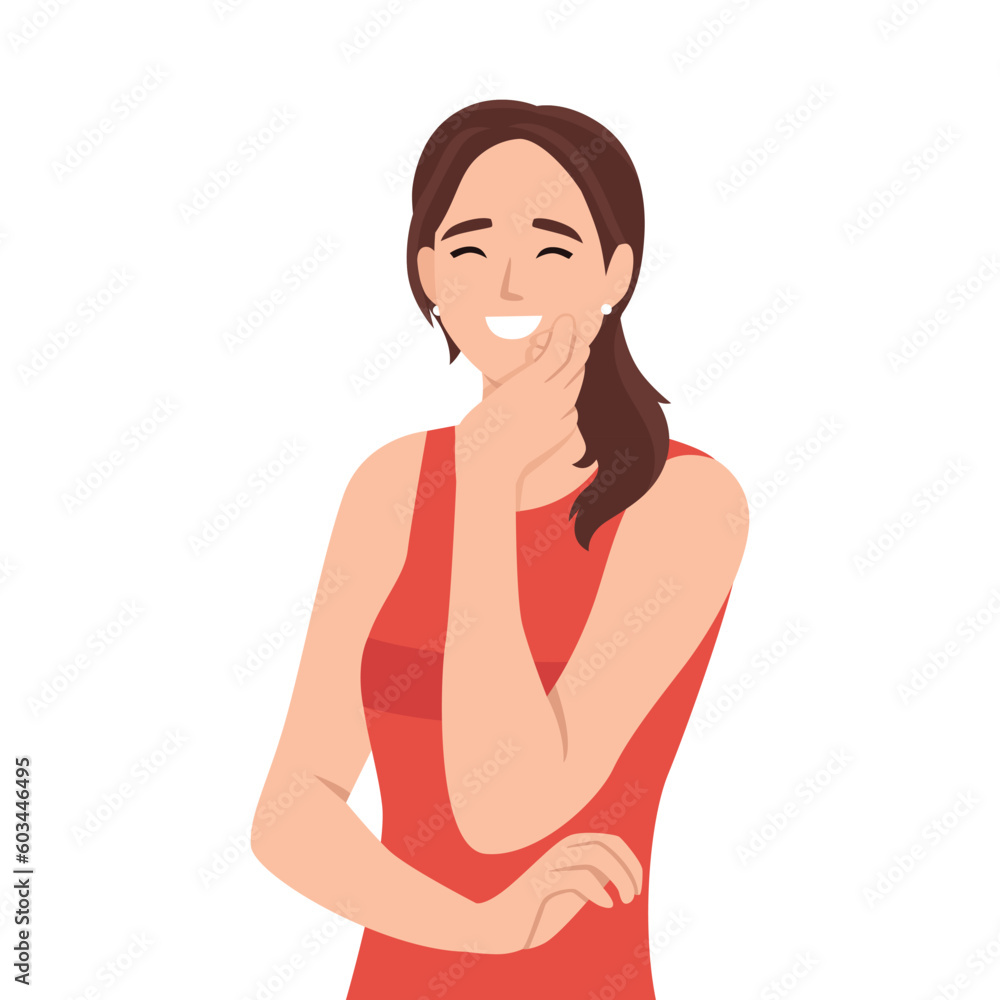 Portrait of smiling young woman look at camera feeling optimistic and joyful. Happy millennial girl. Flat vector illustration isolated on white background Portrait of smiling young woman look at camera feeling optimistic and joyful. Happy millennial girl. Flat vector illustration isolated on white background