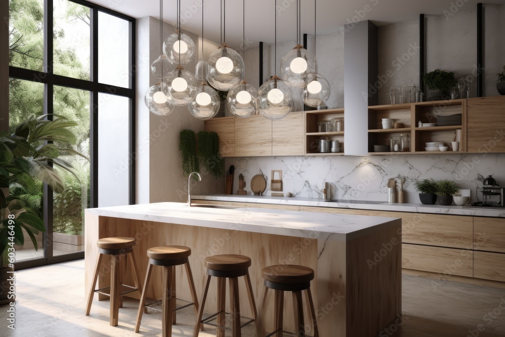Spring Modern Kitchen Island Interior with Organic Wood Accents and Designer Light Fixture and Modern WIndows Made with Generative AI