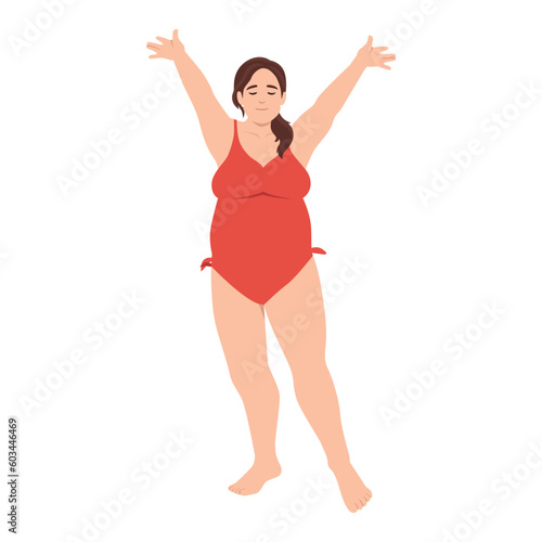 Motivational poster with plump happy woman. Flat vector illustration isolated on white background