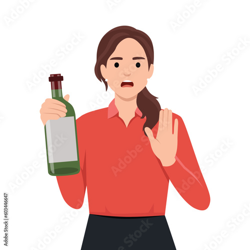 Healthy lifestyle and avoiding alcohol concept. Young Woman standing saying no to alcohol refusing of glass of wine with raised hand. Flat vector illustration isolated on white background